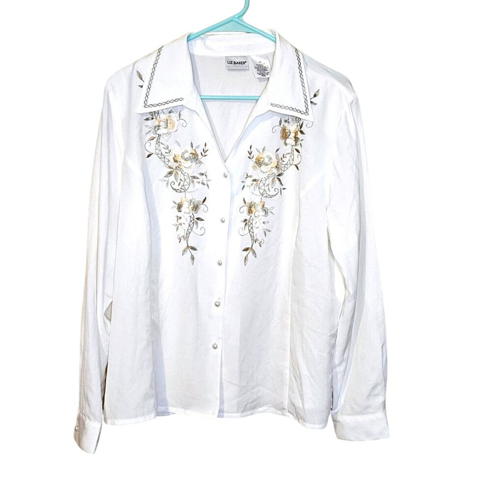 Liz Baker Size 16 Vintage Blouse Embroidered Floral Pearl Classy White
